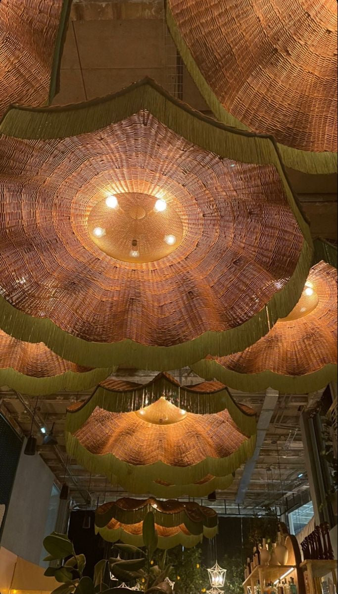 Umbrella Rattan Lampshade with Beautiful Hanging Lace.