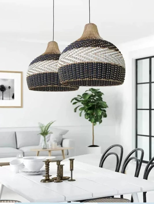 Navy Blue & White Rattan Onion Lampshade