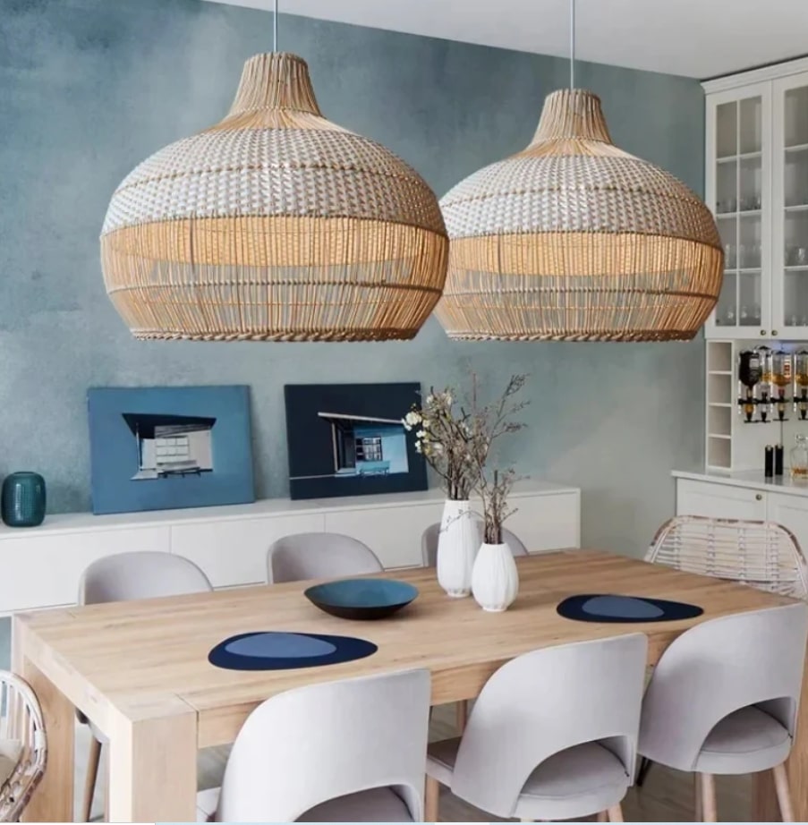 Navy Blue & White Rattan Onion Lampshade