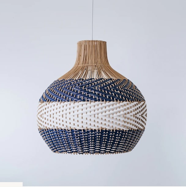 Navy Blue & White Rattan Onion Lampshade