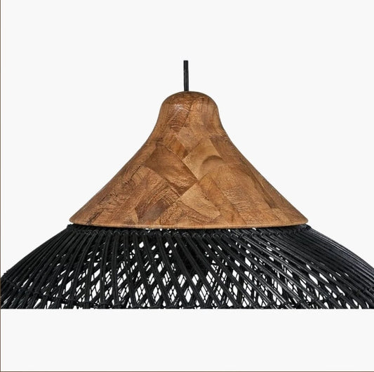 Black Rattan Pendant Lampshade with Wooden Frame