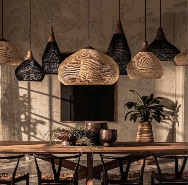 Black Rattan Pendant Lampshade with Wooden Frame