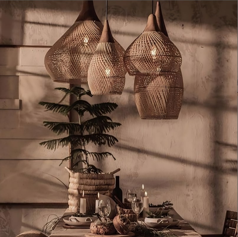 Black Rattan Pendant Lampshade with Wooden Frame