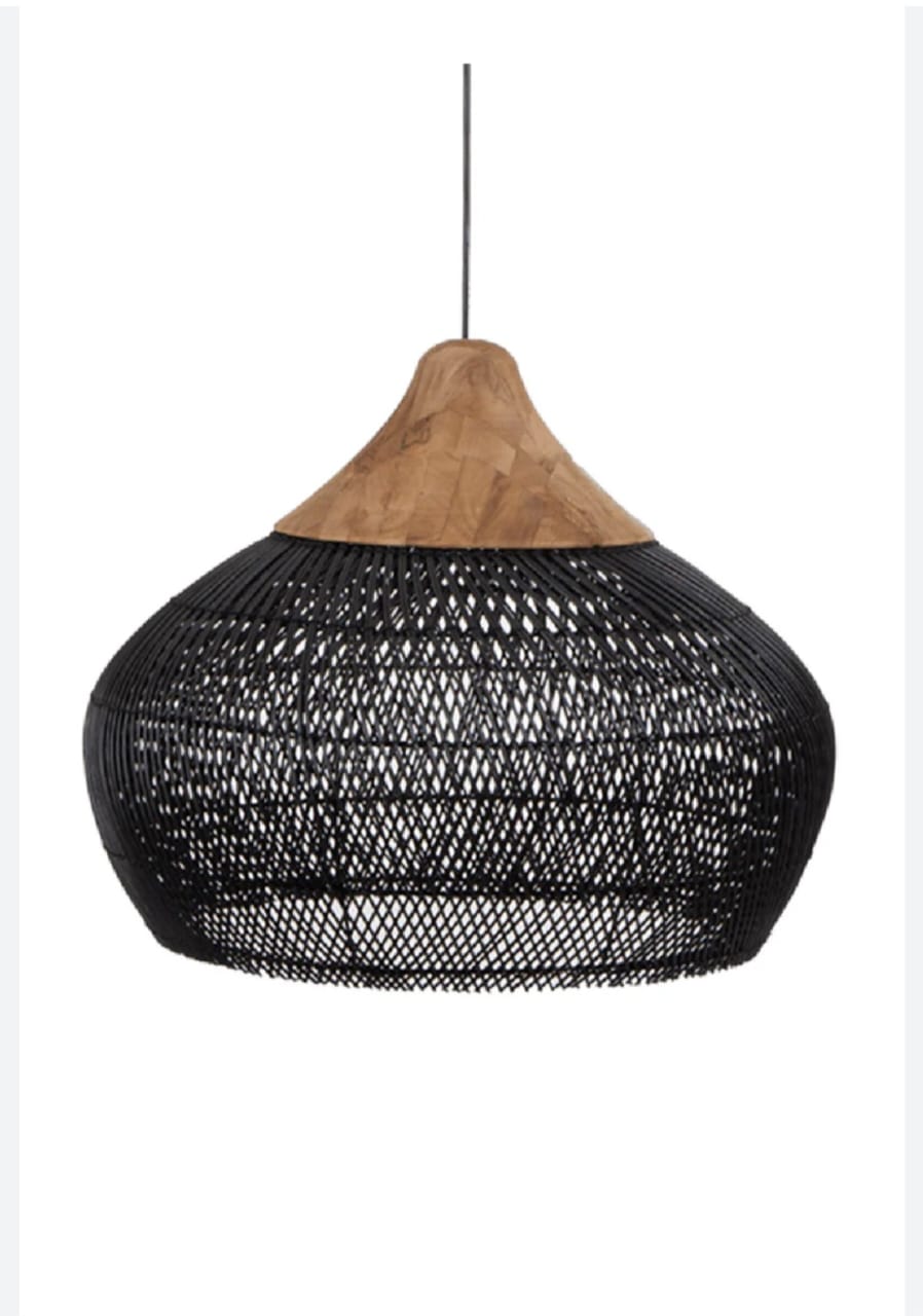 Black Rattan Pendant Lampshade with Wooden Frame