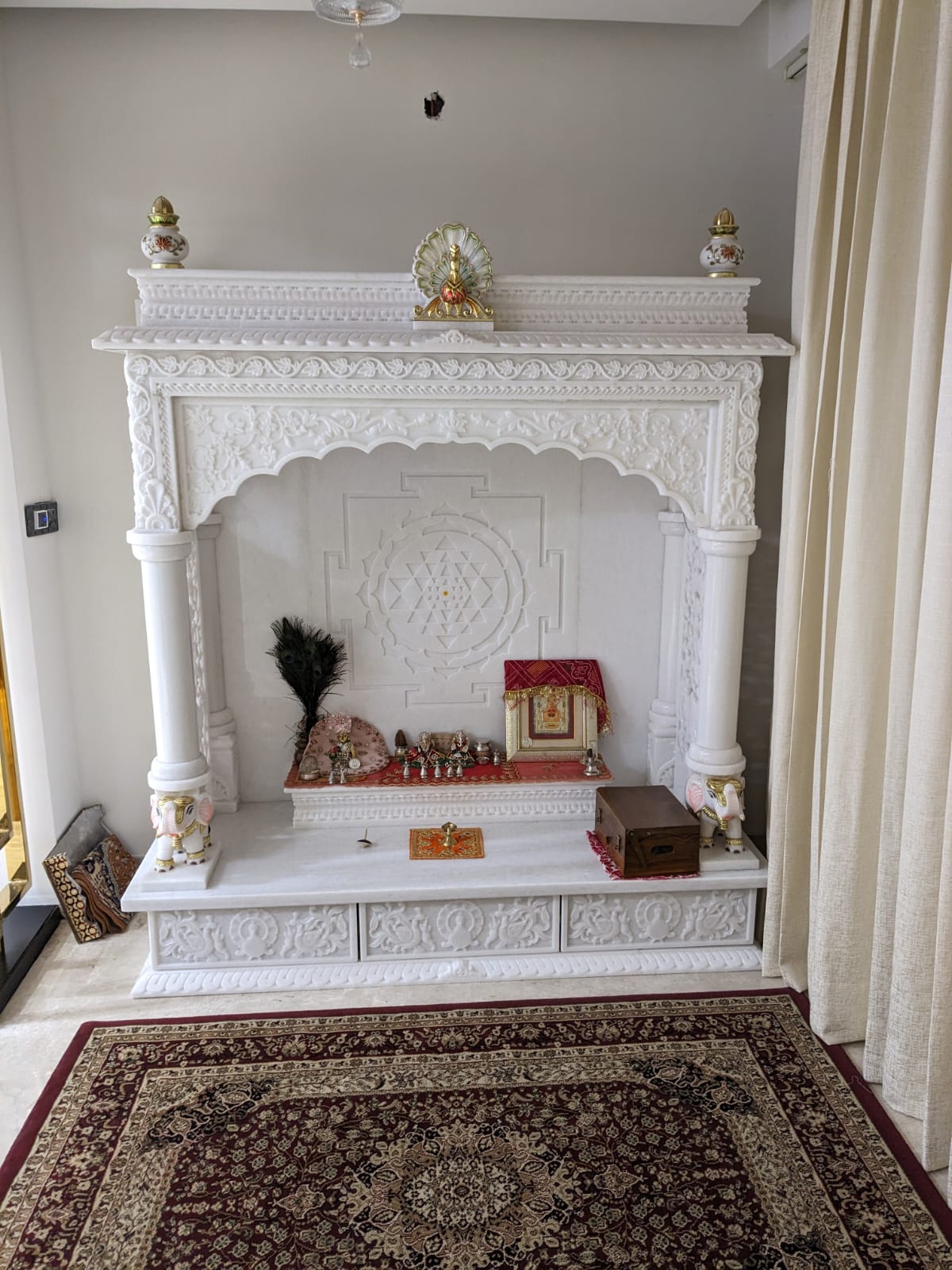 Premium Vietnam White Marble Temple with Backlit Sri Yantra | Handcrafted Home Mandir for Pooja Room