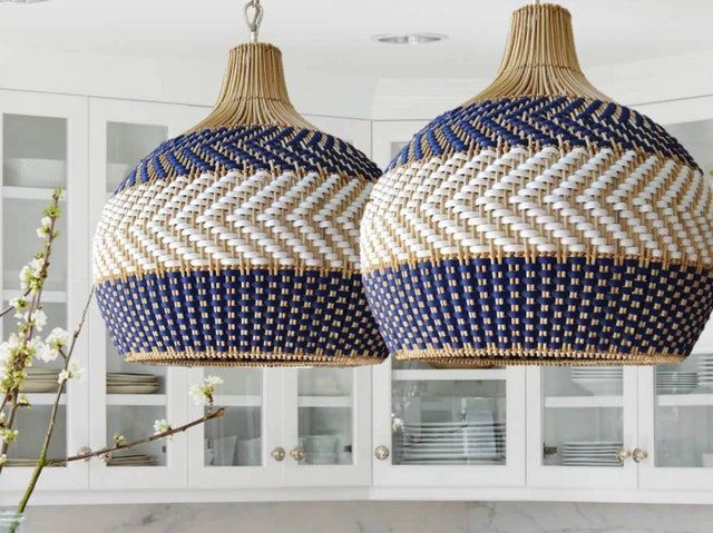 Navy Blue & White Rattan Onion Lampshade
