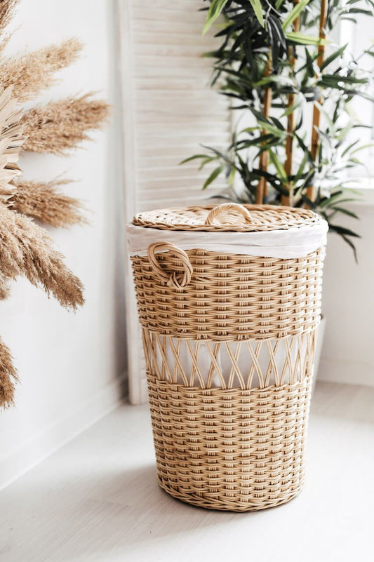 OLALA NATURAL BAMBOO RATTAN LAUNDRY AND STORAGE BASKET.