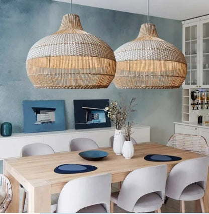 Navy Blue & White Rattan Onion Lampshade