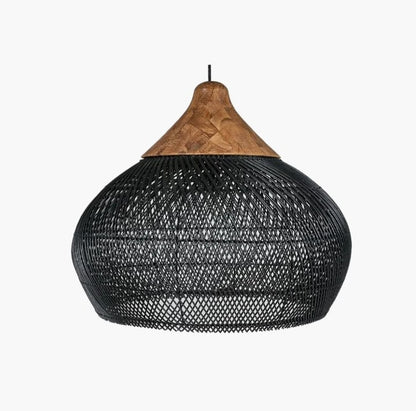 Black Rattan Pendant Lampshade with Wooden Frame