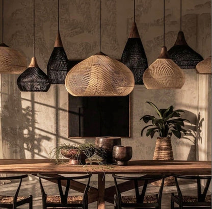Black Rattan Pendant Lampshade with Wooden Frame