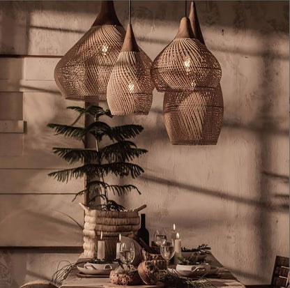 Black Rattan Pendant Lampshade with Wooden Frame