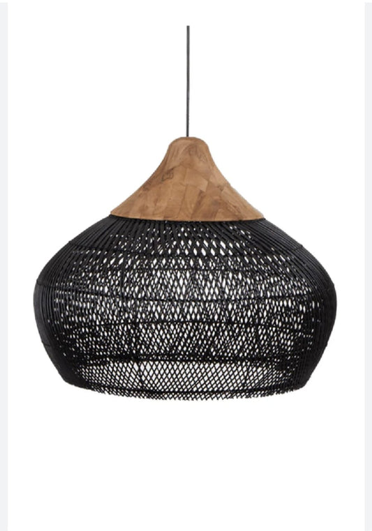 Black Rattan Pendant Lampshade with Wooden Frame