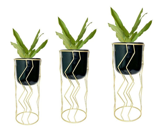 Gold Plated Metal Planter with Black Pot