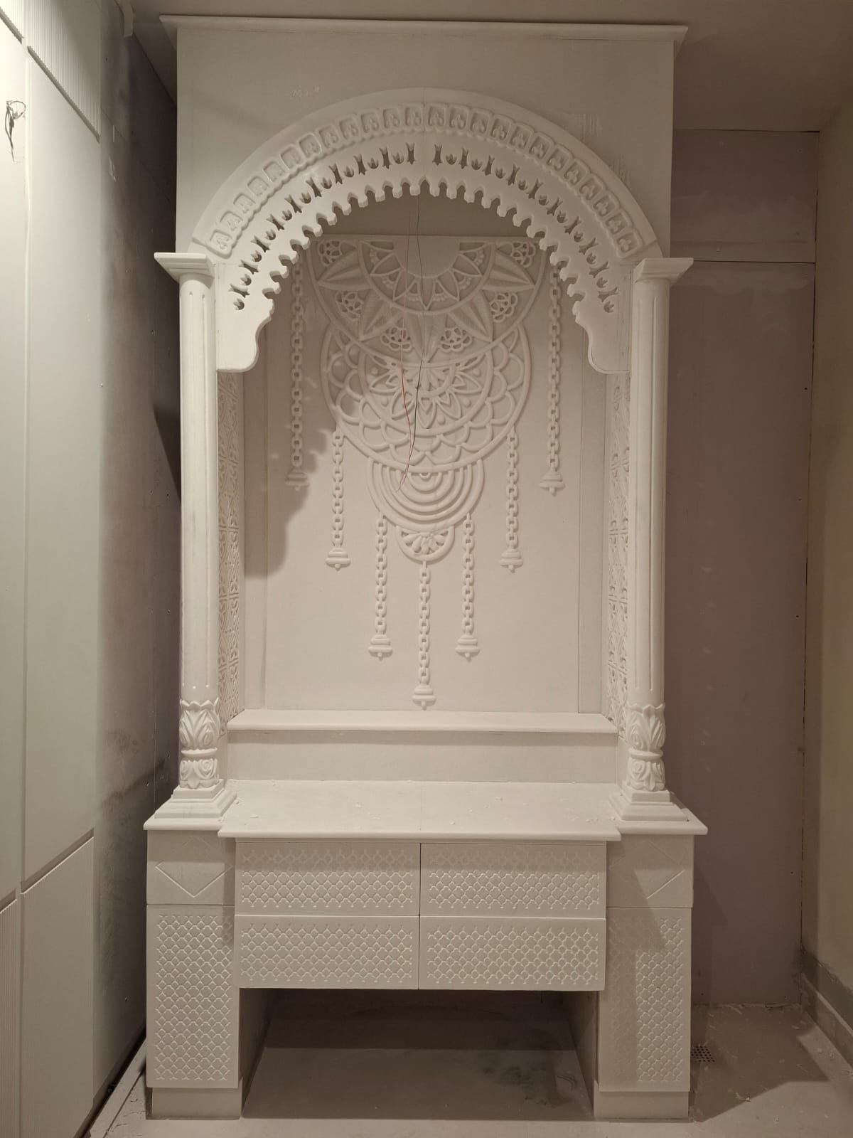 Premium Vietnam White Marble Temple with Backlit Sri Yantra | Handcrafted Home Mandir for Pooja Room