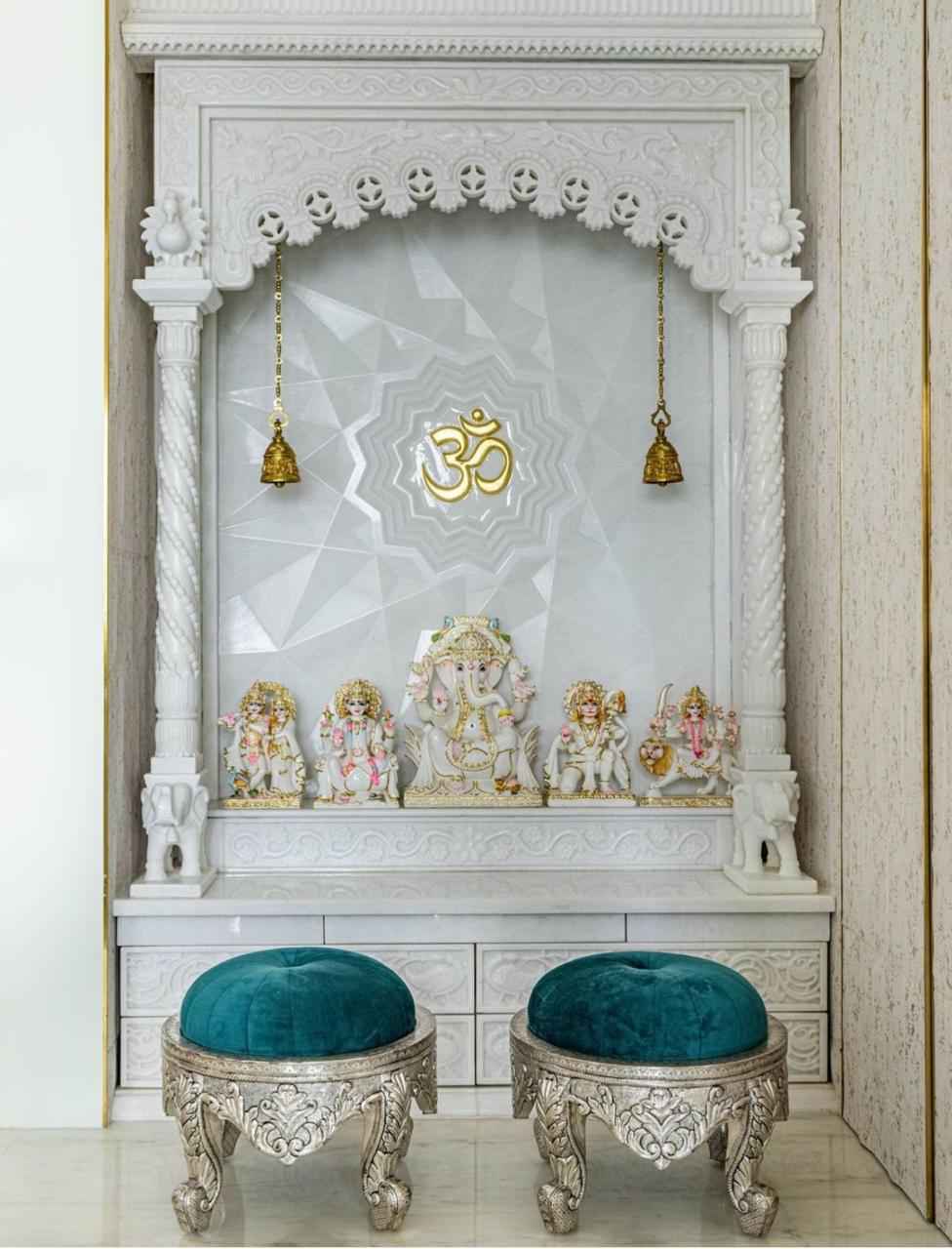 Premium Vietnam White Marble Temple with Backlit Sri Yantra | Handcrafted Home Mandir for Pooja Room