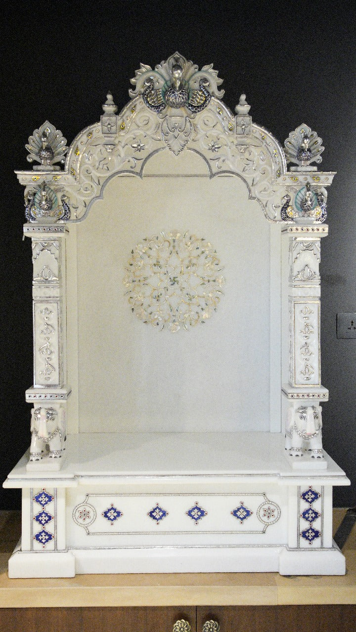 Premium Vietnam White Marble Temple with Backlit Sri Yantra | Handcrafted Home Mandir for Pooja Room