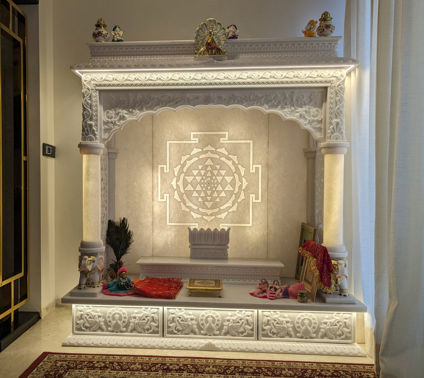 Premium Vietnam White Marble Temple with Backlit Sri Yantra | Handcrafted Home Mandir for Pooja Room