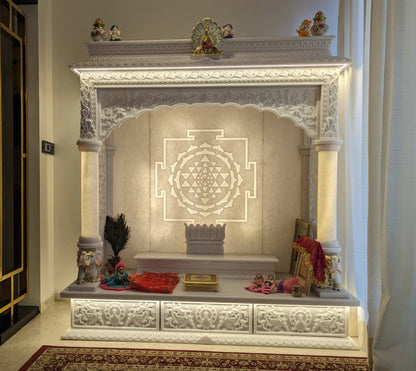 Premium Vietnam White Marble Temple with Backlit Sri Yantra | Handcrafted Home Mandir for Pooja Room