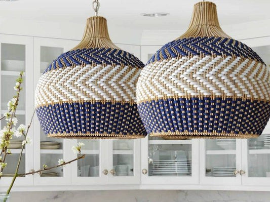 Navy Blue & White Rattan Onion Lampshade